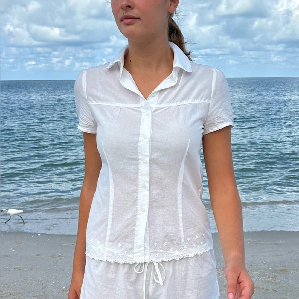 White Button-Up Blouse with Embroidery
